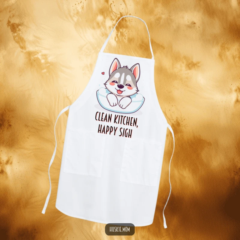 Funny Kawaii Husky Apron: A chef wearing this apron featuring a cute Husky relaxing in a bubble bath during kitchen activities.