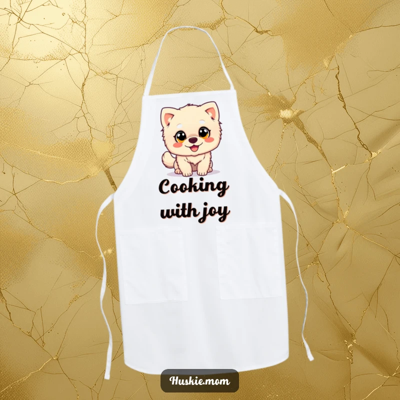 Happy Wagging Dog Apron: A fluffy dog with big eyes wags its tail, a comical apron for kitchen enjoyment.