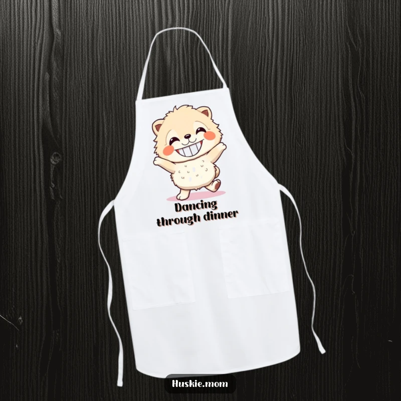 Funny fluffy dancer apron, featuring a grinning creature dancing, practical for kitchen use and as a gift.