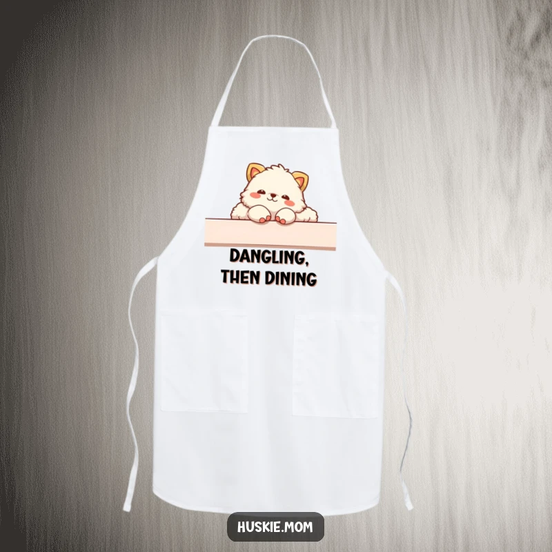 Funny apron showing a fluffy animal in a comfortable lounging position, paws dangling casually over the edge.