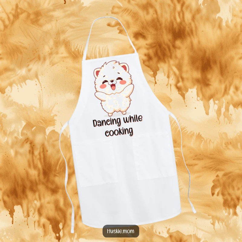 Funny apron illustrating a delighted fluffy animal mimicking a playful dance, adding humor to kitchen tasks.