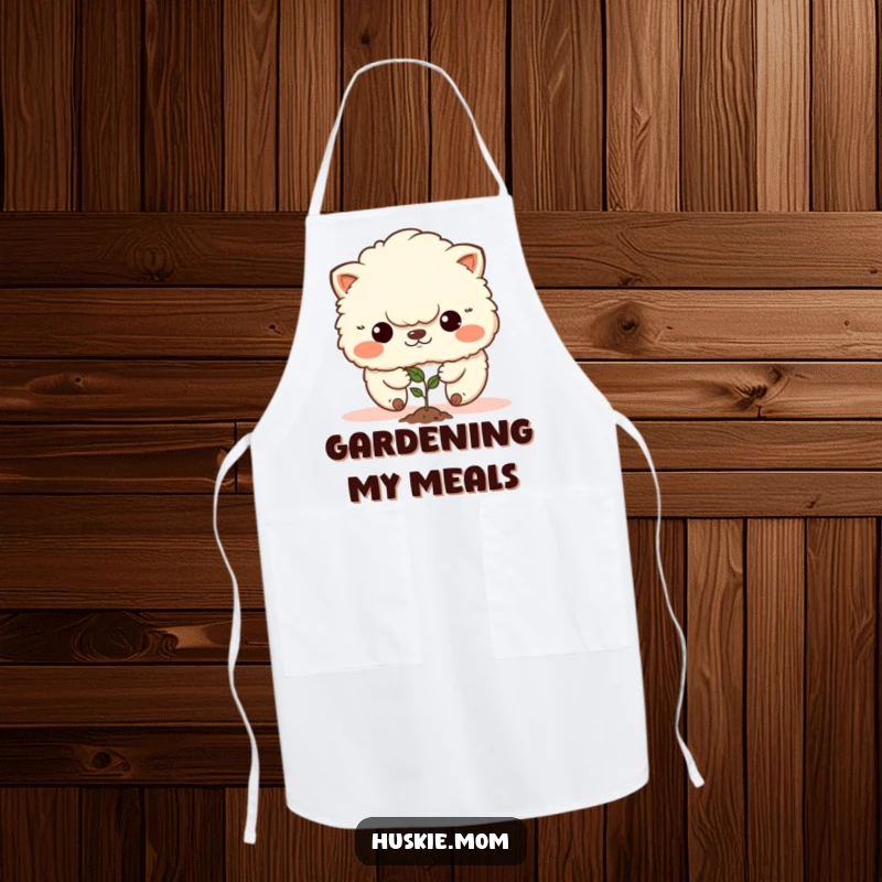 Funny apron illustrating a determined fluffy animal planting a tiny seed, bringing humor to culinary tasks.
