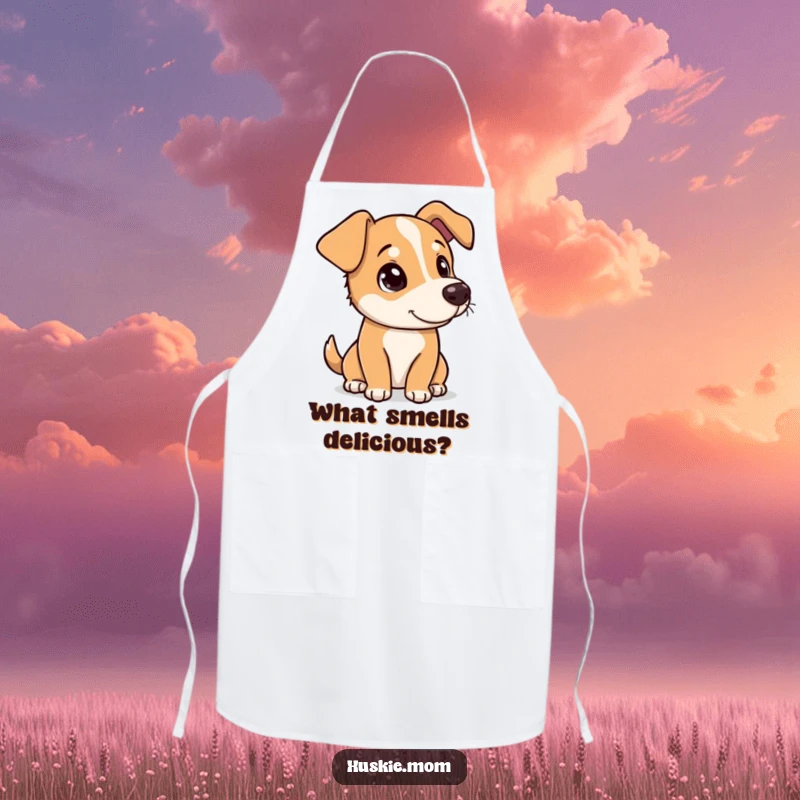 Funny dog tipping its head with a curious, playful look on a kitchen apron, adding charm to cooking.