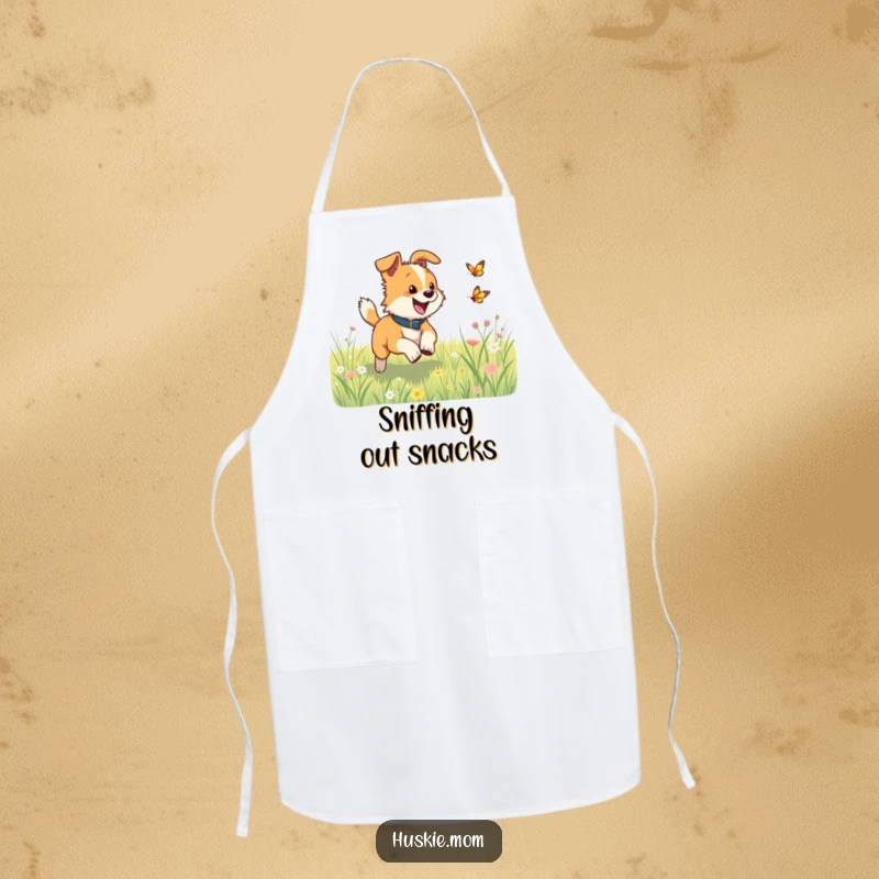 Funny dog excitedly chasing a butterfly in a meadow on a kitchen apron, adding a playful touch to cooking.
