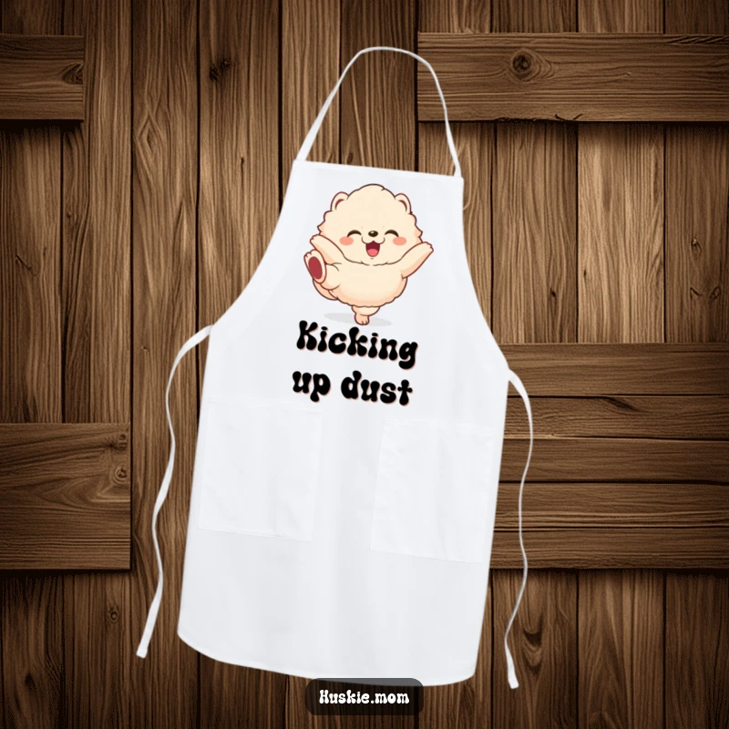 Funny fluffy animal apron showing a gleeful creature comically kicking its legs, a humorous and practical accessory for the kitchen.