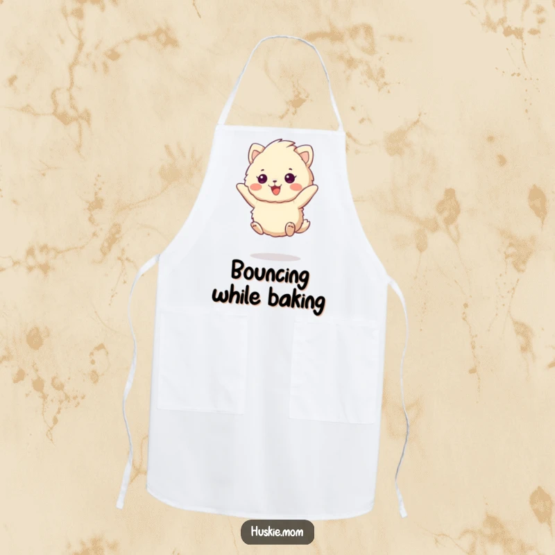 Funny fluffy animal apron showing a cheerful animal jumping with excitement, perfect for adding energetic fun to kitchen tasks.