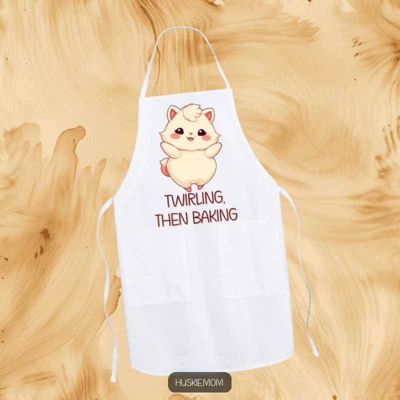 Funny apron depicting a fluffy animal with a beaming smile, gracefully twirling with infectious energy and joy.