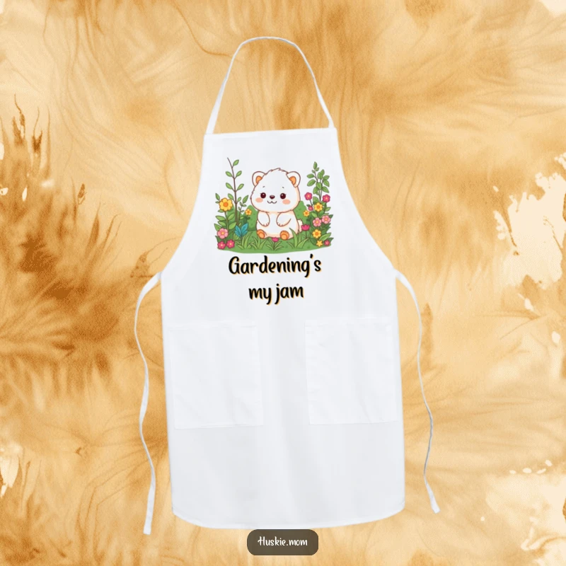 Funny apron featuring a joyful fluffy animal looking over a beautiful garden, designed for kitchen fun.