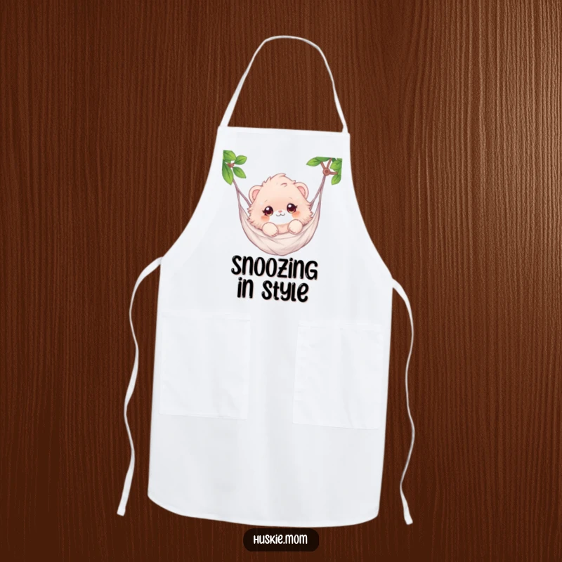 Funny apron with a relaxed fluffy animal floating in a hammock, adding a humorous touch to cooking.