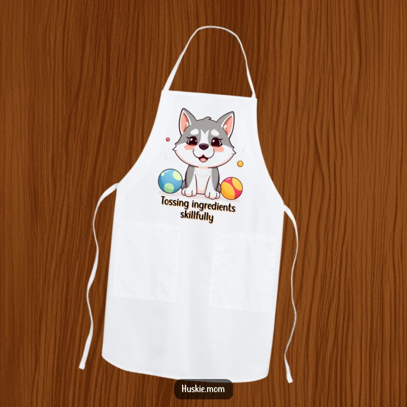 Funny apron showing a silly husky dog attempting to juggle three colorful balls, perfect for a humorous cooking experience.