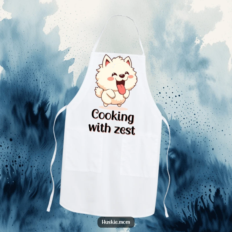 Funny apron featuring a fluffy animal joyfully leaping with its tongue out and a happy bark, perfect for kitchen or craft fun.