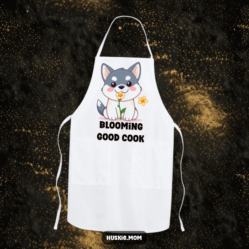 Funny Kawaii Husky Apron: Kitchen apron with a cute husky presenting a flower, functional and funny gift.
