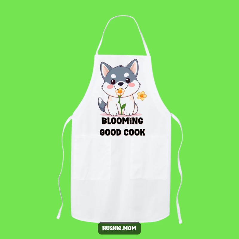 Funny Kawaii Husky Apron: Cute Dog Chef with Flower, Perfect Humorous Kitchen Gift