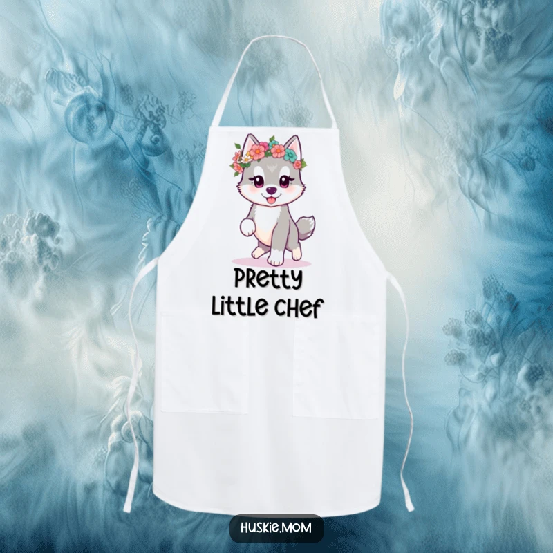 Funny kawaii husky puppy prancing with a flower crown on a kitchen apron, adding sweet charm to cooking.