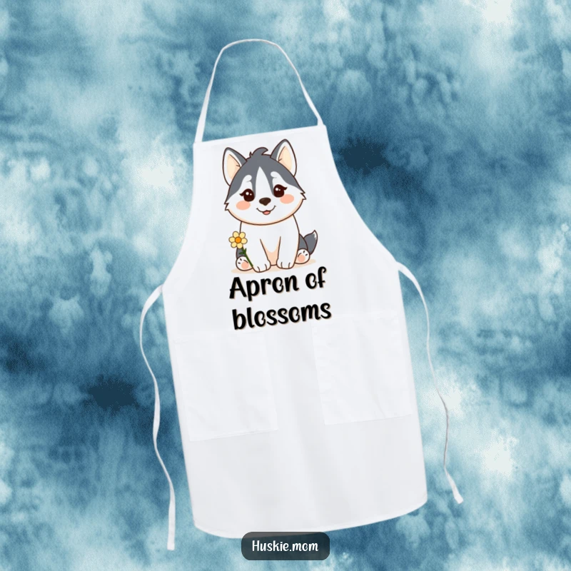 Funny Kawaii Husky Apron: A cute husky offers a flower with a happy smile, ideal for humorous kitchen protection.