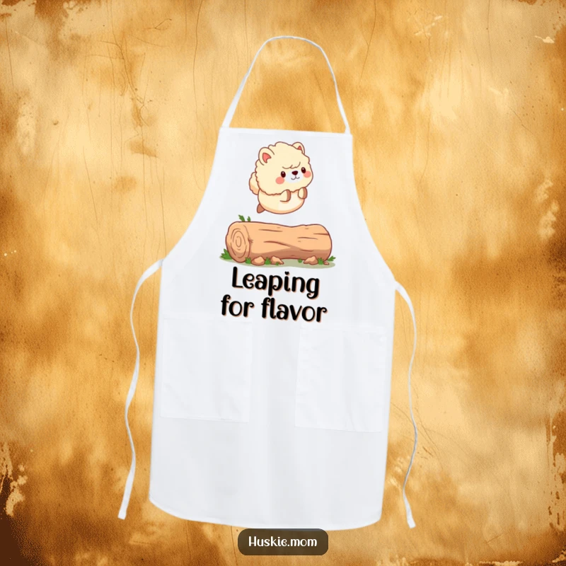 Funny Apron: A fluffy animal with a wagging tail in motion, leaping over a log, perfect for active cooks.
