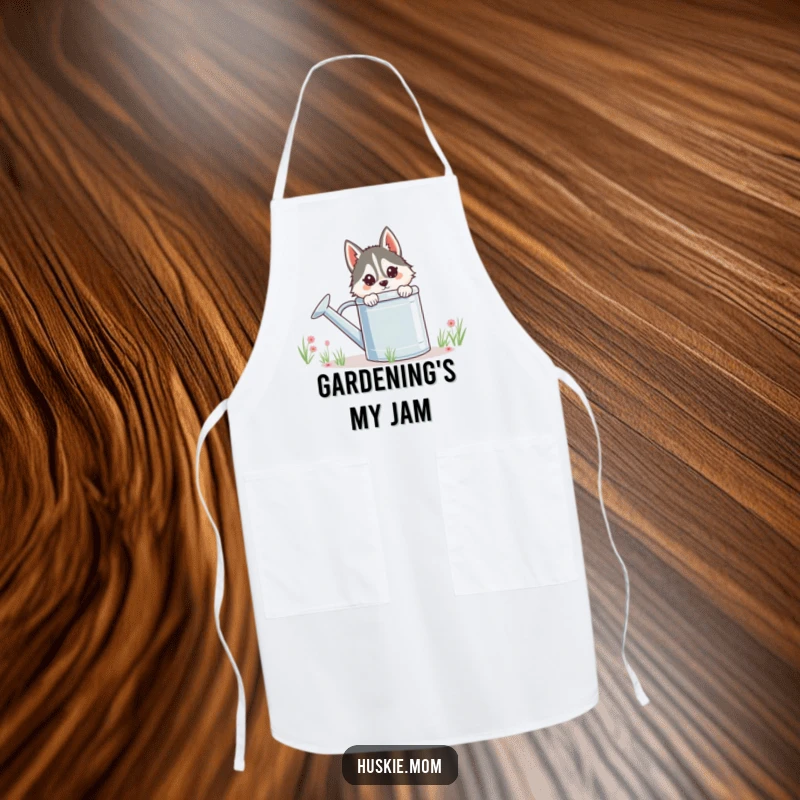 Funny Husky Lady Apron, playful design of a husky peeking from behind a watering can, ideal for chefs and gardeners.
