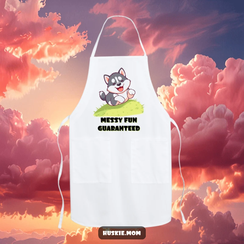 Funny apron showing a gleeful husky puppy tumbling head over paws down a grassy hill, perfect for a humorous cooking experience.
