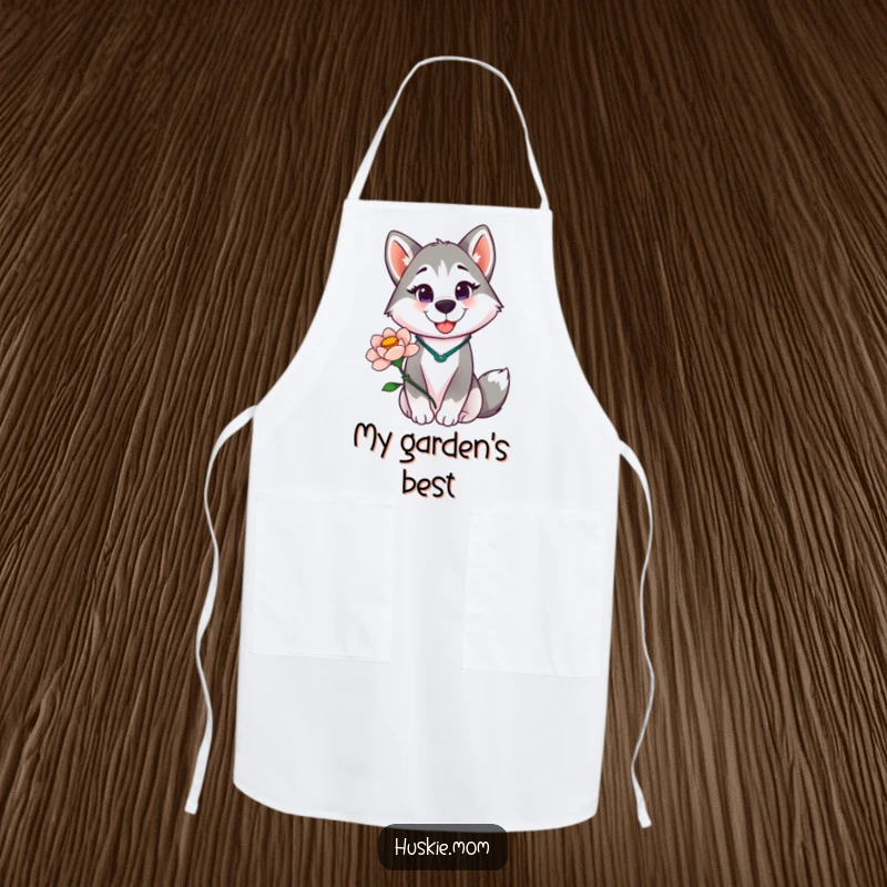 Funny Husky Lady Apron, functional and humorous, depicting a proud husky lady holding a blooming flower, perfect for cooking.