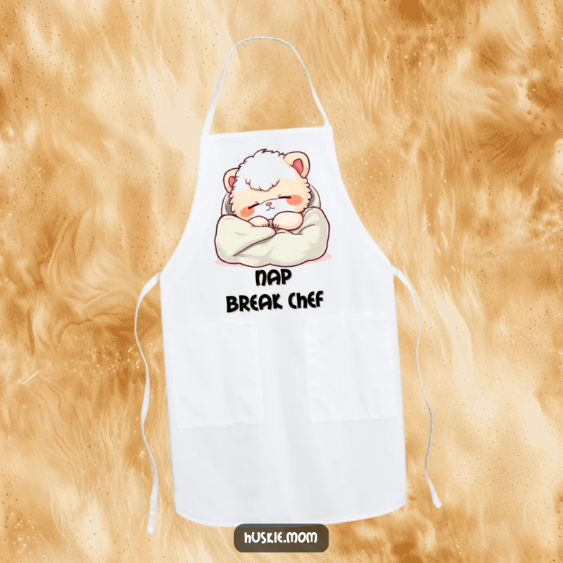Funny apron with a fluffy animal napping peacefully in soft fabric, perfect for relaxed cooking sessions.