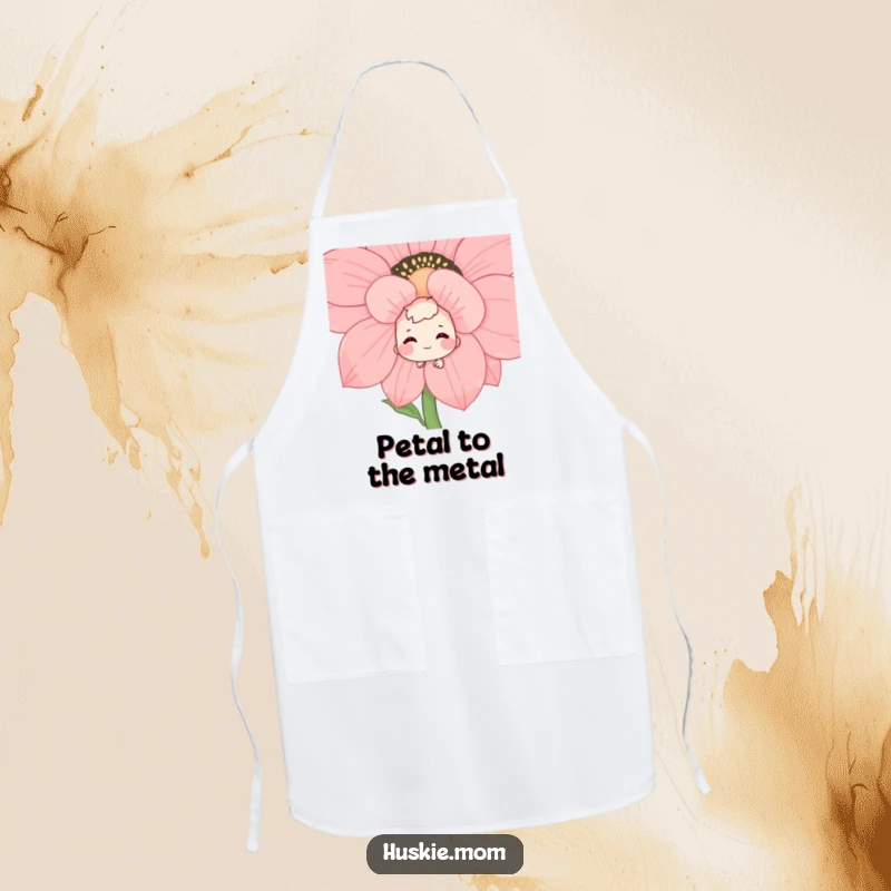 Funny kitchen apron featuring a shy character peeking from behind a large flower with a happy, bashful grin, perfect for culinary fun.