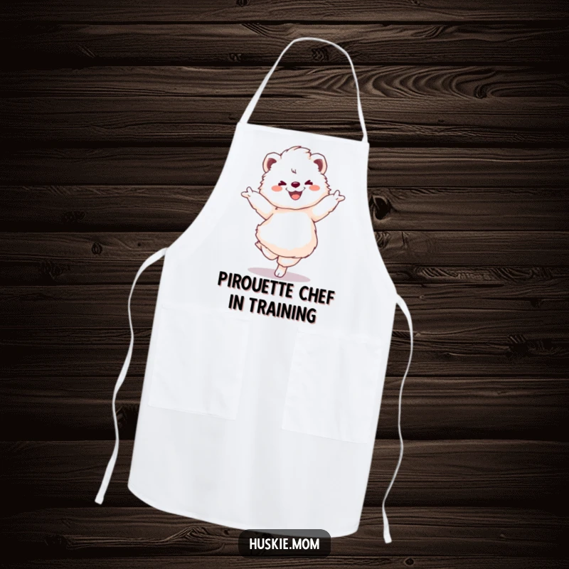 Funny apron with a fluffy animal doing a pirouette, adding a humorous and practical touch to kitchen activities.