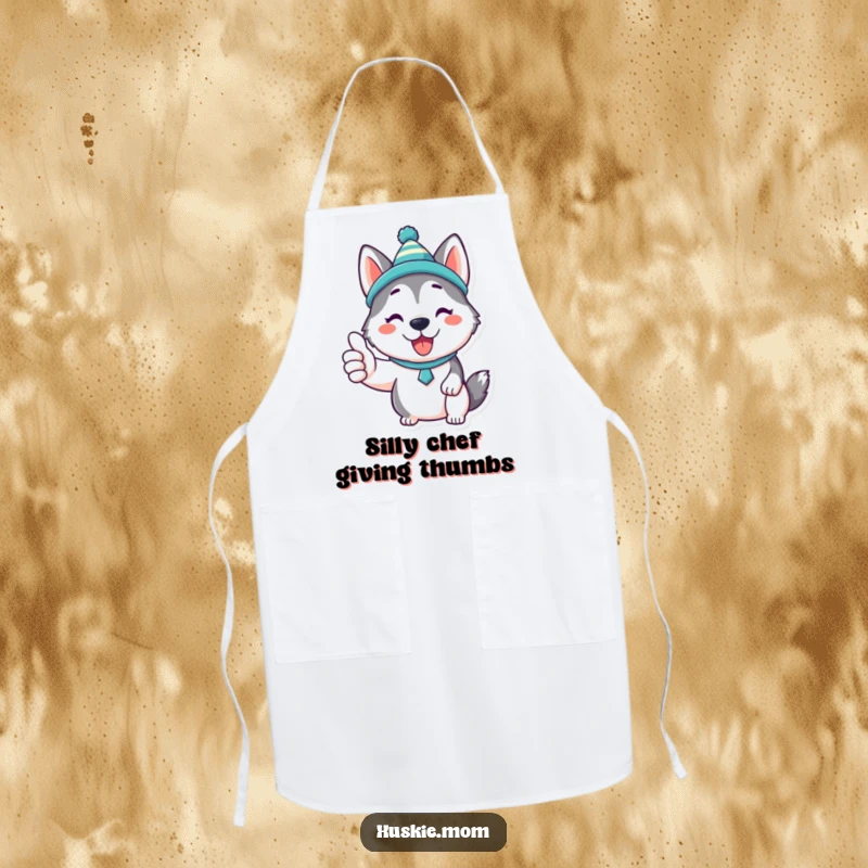 Funny Kawaii Husky Apron: A chef wearing this apron featuring a cute Husky in a silly hat giving a thumbs up during cooking.