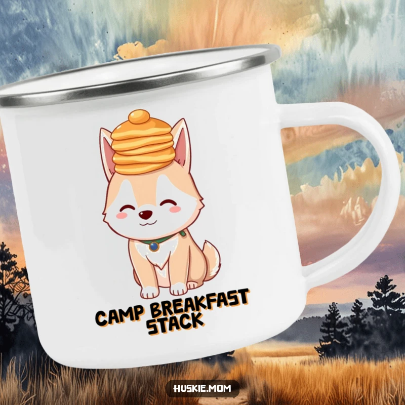 Funny Husky Pancakes Camping Mug: A sturdy mug with a dog balancing pancakes, a humorous outdoor funny gift.