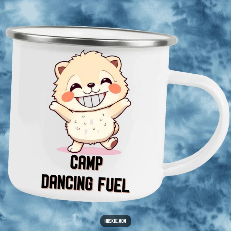 Funny fluffy dancer camping mug, rugged and portable, featuring a grinning creature dancing, great for outdoor gifts.