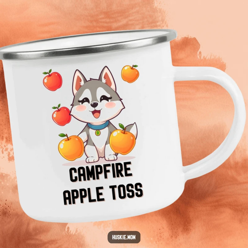 Funny camping mug showing a Husky lady animal comically attempting to juggle three shiny apples.