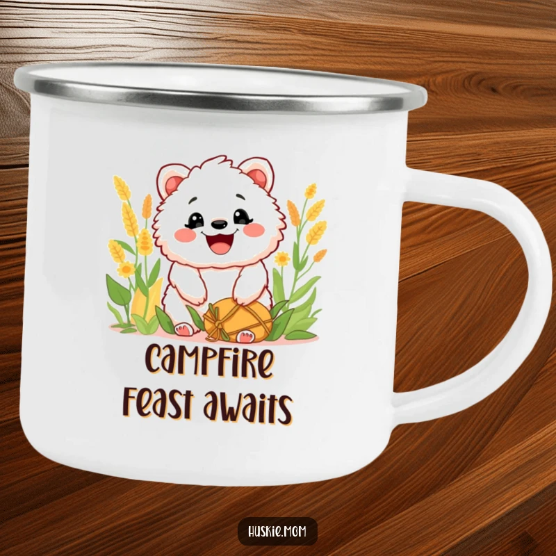 Funny Camping Mug: Enamel mug with a fluffy animal grinning widely after a harvest, blending outdoor adventure with celebratory humor.