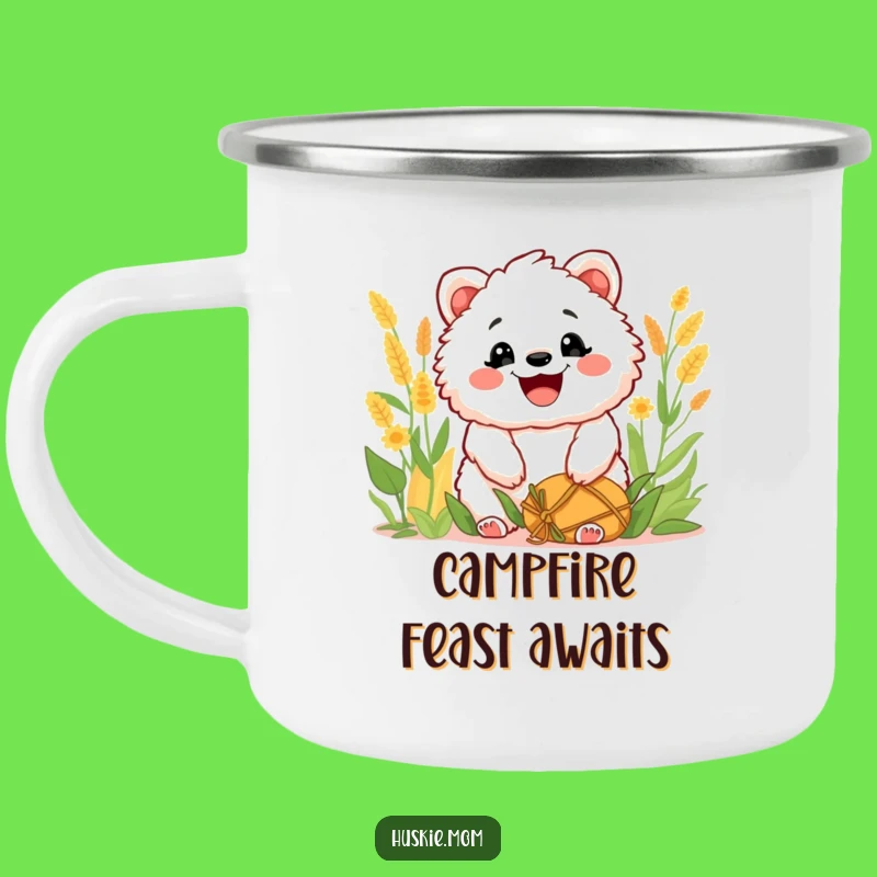 Funny Fluffy Harvest Grin Camping Mug: Enamel Camp Cup, Joyful Animal Art, Ideal Funny Gift
