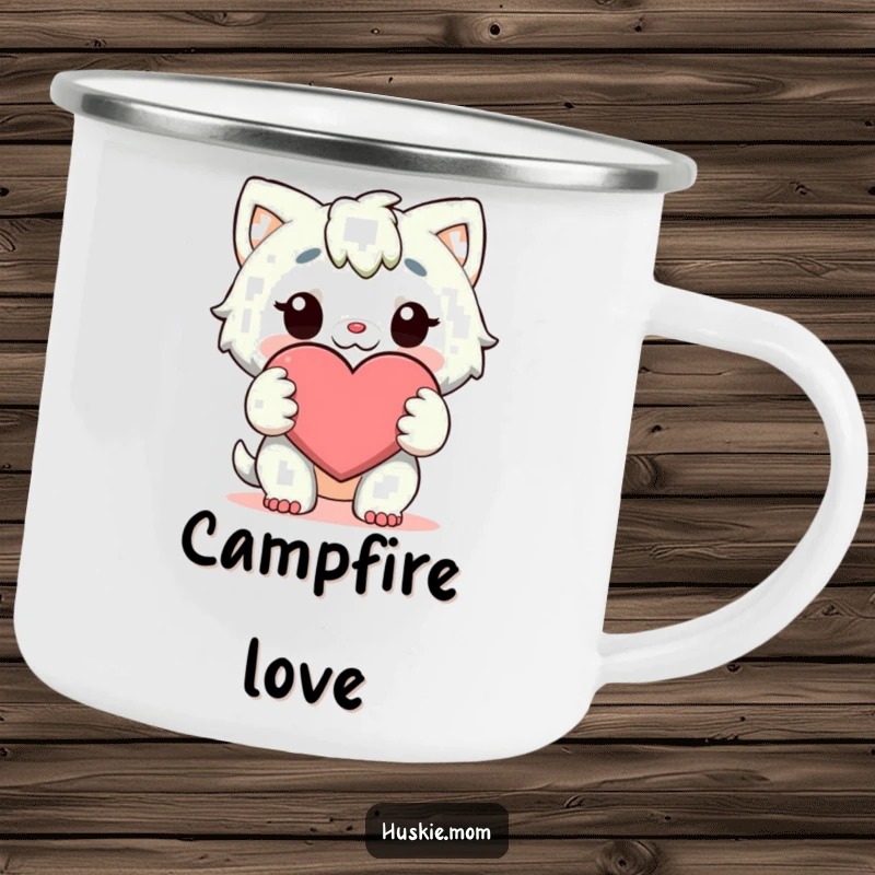 Funny Camping Mug: A character holds a large, cheerful heart with both paws, ready to share love on any adventure.