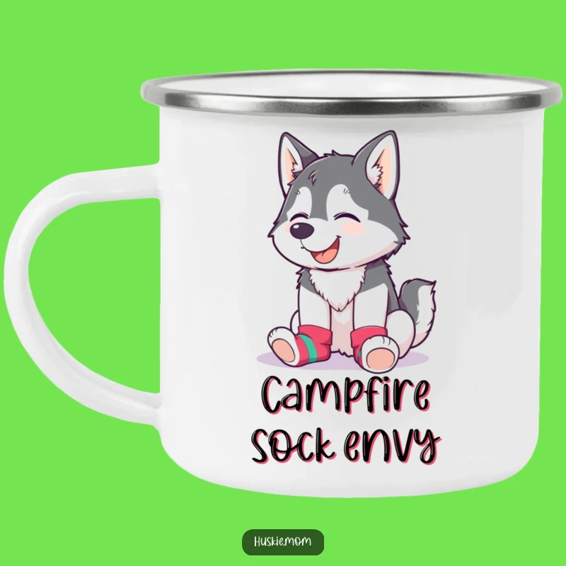 Funny Husky Lady Sock Camping Mug: Giggling, Mismatched Colors, Outdoor Fun