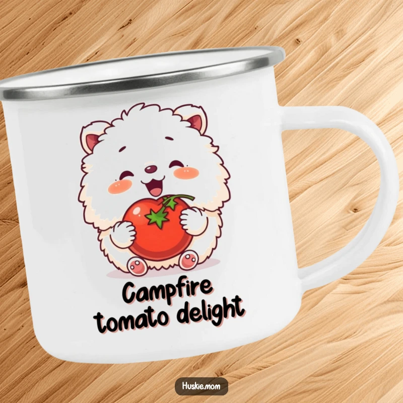 Funny camping mug featuring a fluffy animal happily patting a tomato, perfect for outdoor meals and garden enthusiasts.