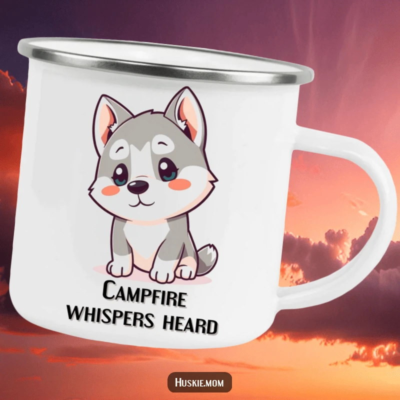 Funny Kawaii Husky Camp Mug: A curious husky listens intently, perfect for outdoor, humorous sipping.