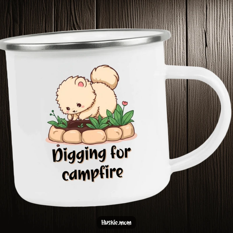 Funny fluffy animal with a bushy tail digging in a garden bed on a camping mug, bringing garden humor to adventures, a great funny gift.