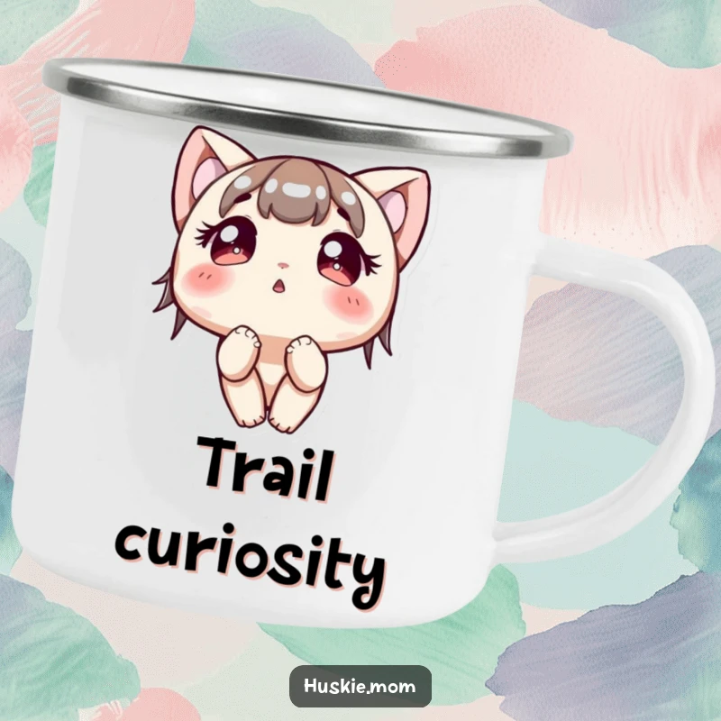 Funny Camping Mug: A character with bright, curious eyes gazes upwards, ready to accompany you on your explorations.