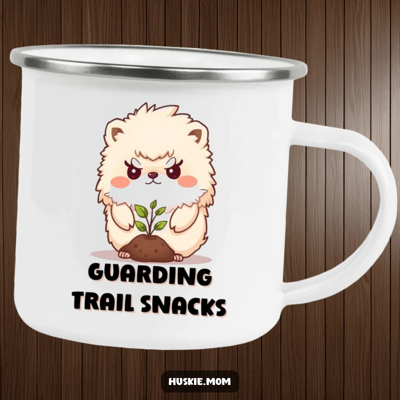 Funny Camping Mug featuring a determined fluffy animal protecting a seedling, perfect for outdoor use with a humorous twist.
