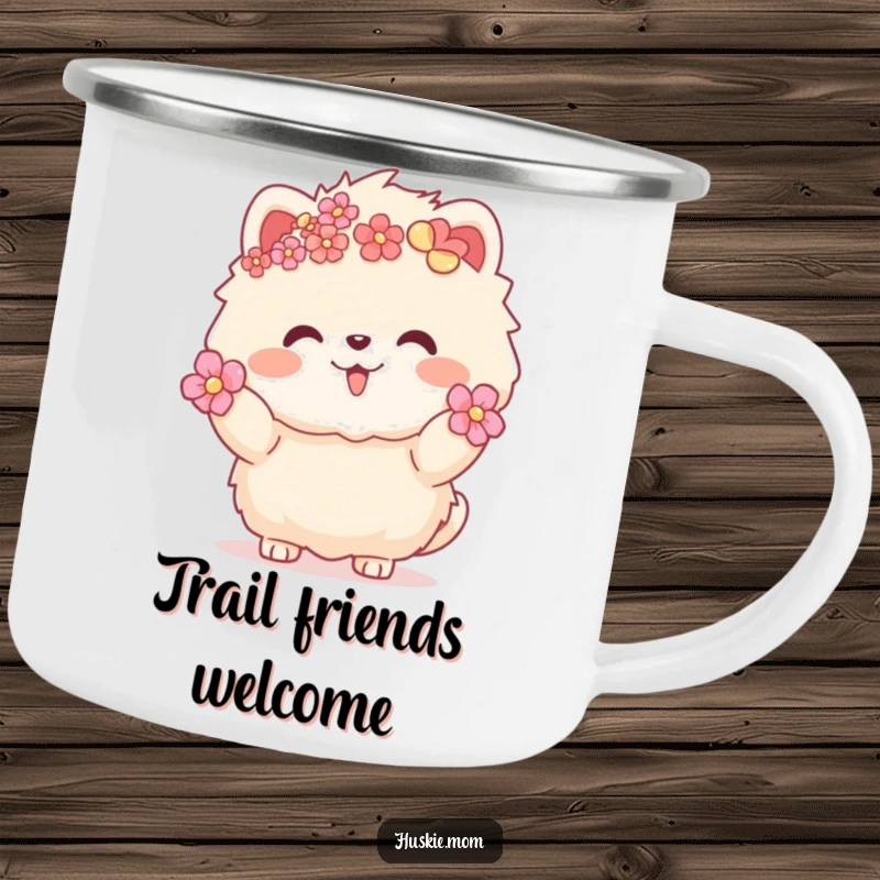 Funny fluffy animal with flowers in fur, inviting gesture, durable enamel camping mug, outdoor adventure design.