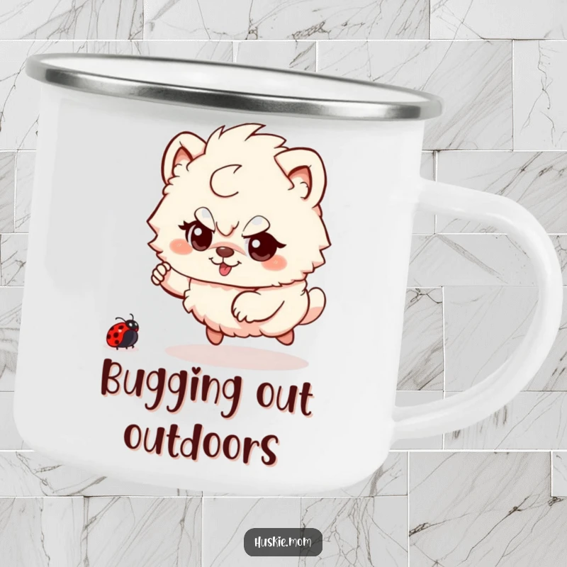 Funny Fluffy Animal Camping Mug: A creature playfully chasing a ladybug during an outdoor adventure, bringing humor and fun.