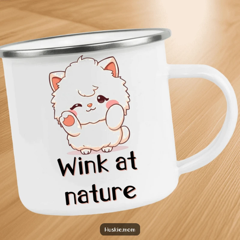 Funny fluffy character winking and gesturing with a paw, on a durable camping mug for humorous outdoor greetings.