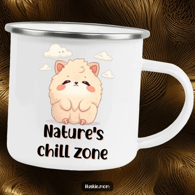 Funny Camping Mug: Durable enamel mug with a fluffy animal watching clouds, blending outdoor adventure with humorous relaxation.