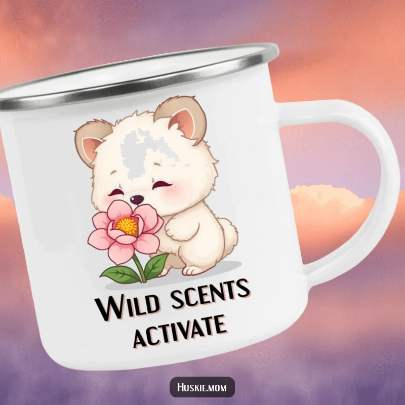 Funny Camping Mug: Enamel mug with a fluffy animal curiously sniffing a flower, blending outdoor adventure with nature's gentle humor.