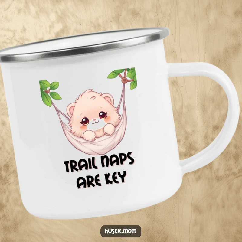 Funny camping mug with a fluffy animal blissfully floating in a hammock, ideal for outdoor relaxation.