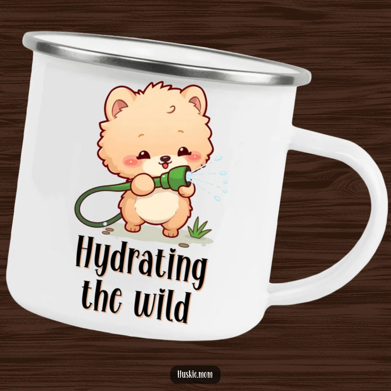 Funny camping mug depicting a fluffy animal playfully spraying water from a garden hose, perfect for outdoor adventures and humorous situations.
