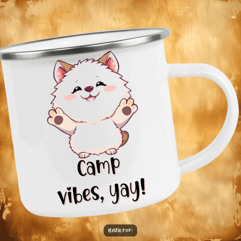 Funny Camping Mug with a fluffy animal’s goofy grin and raised paws, perfect for outdoor celebrations and cheer.