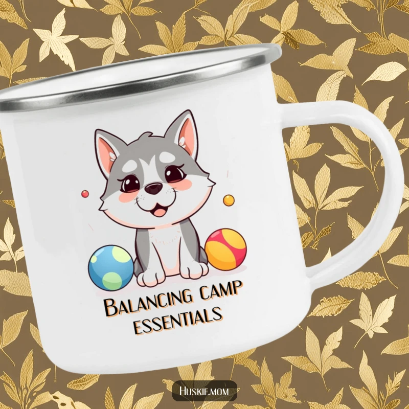 Funny camping mug featuring a silly husky dog attempting to juggle three colorful balls, perfect for adventurous humor.