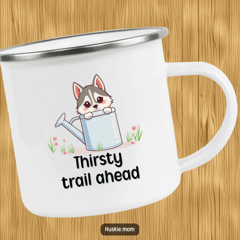 Funny Husky Lady Camping Mug, sturdy and portable, with a husky peeking from behind a watering can, for outdoor adventures.