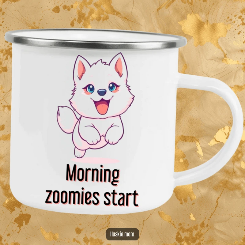 Funny Husky Puppy Camping Mug: Enamel mug with a leaping husky pup, big blue eyes, perfect for outdoors and funny gifts.
